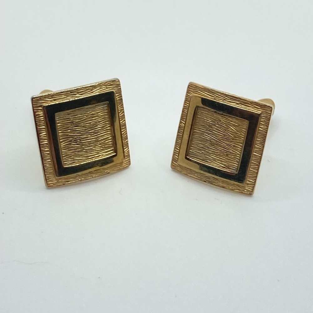 Vtg Gold Tone Brushed / Woodgrain Pattern Gold Geometric Square Cufflinks .7” - Picture 2 of 6